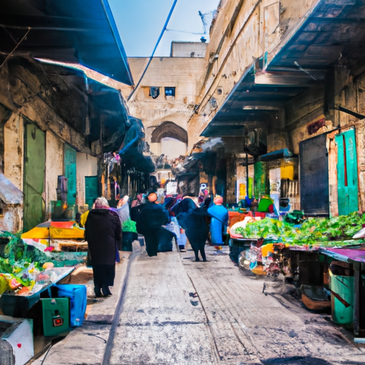 A vibrant photo capturing the bustling open-air market of Akko, with vendors selling an array of local delicacies and fresh produce.